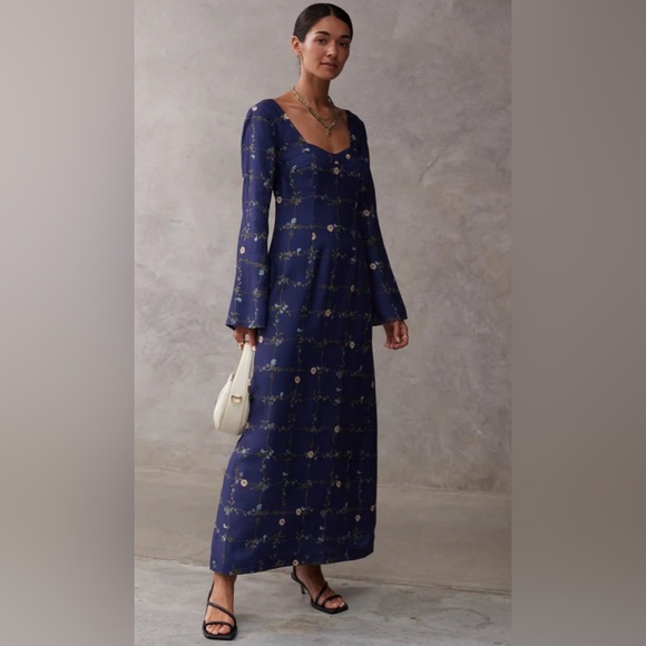 Sancia Navy Floral Midi Dress Open Back Long Sleeve Boho Chic Size  Size L - Picture 1 of 8